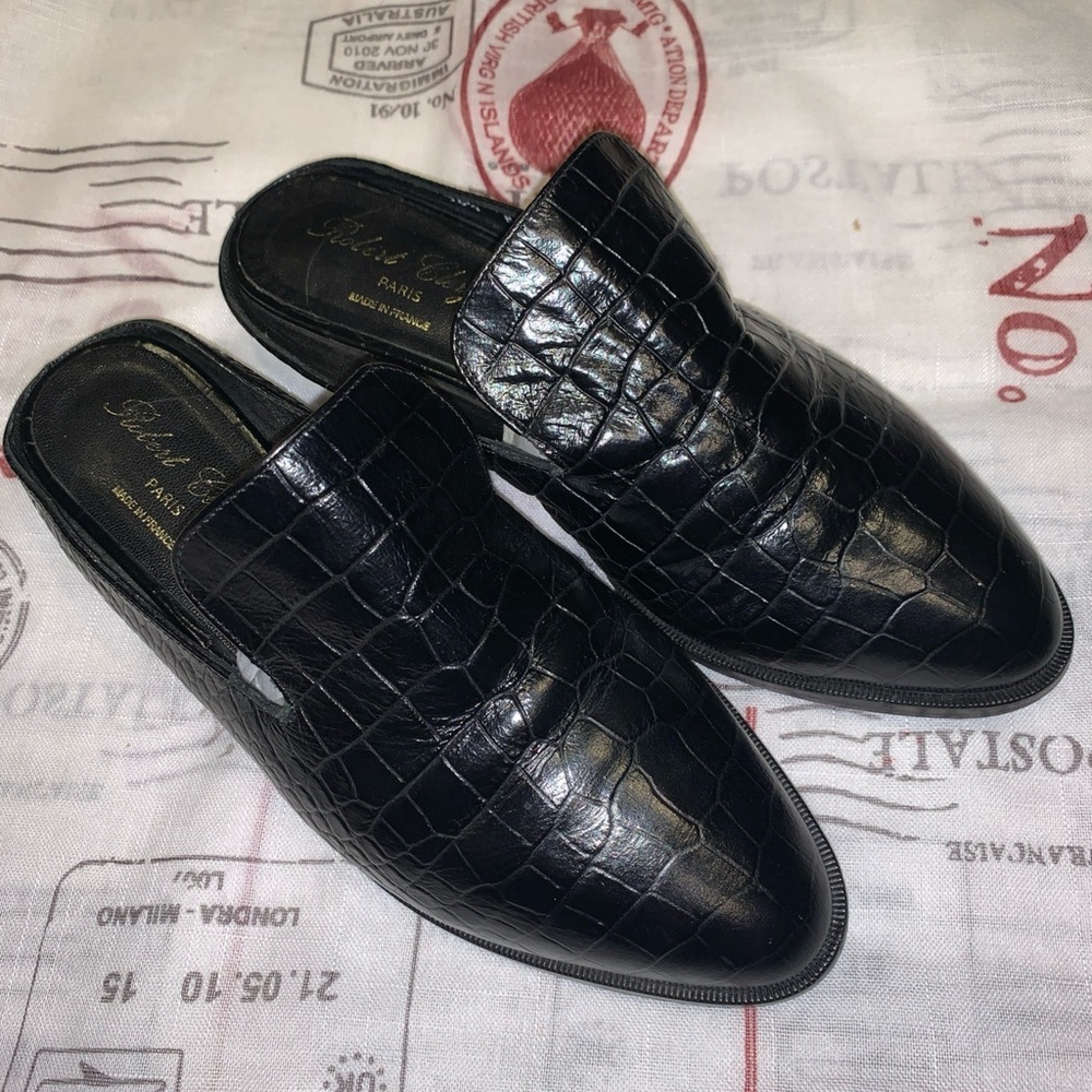 Robert Clergerie Black Crocodile Embossed Mules